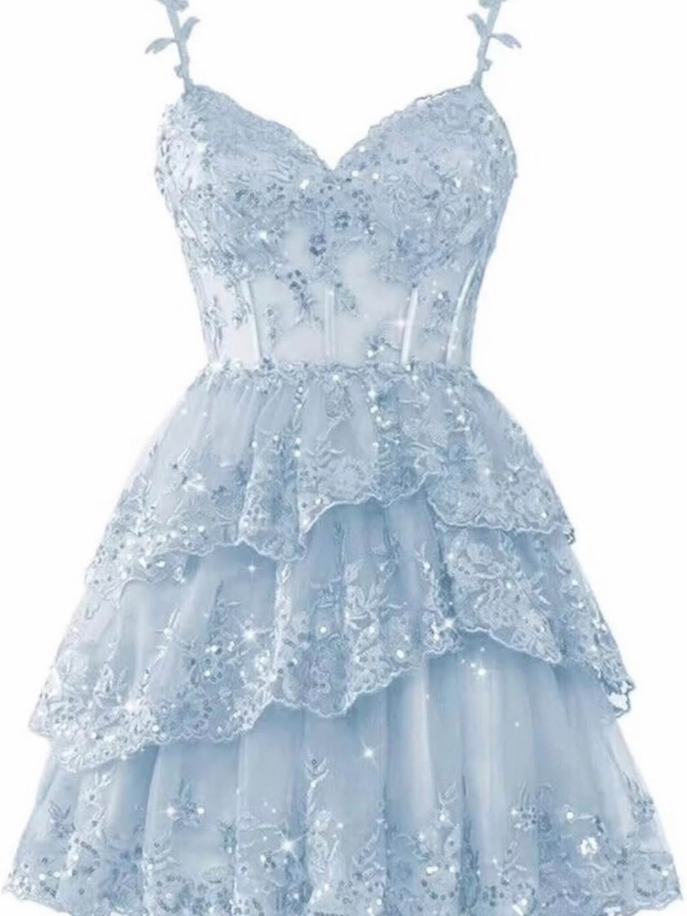 Light Blue Embellished Lace Tiered Mini prom event cocktail Dress